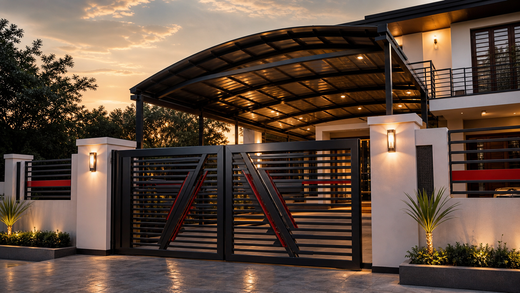 Finished steel fabrication project with gate, shed and railing work