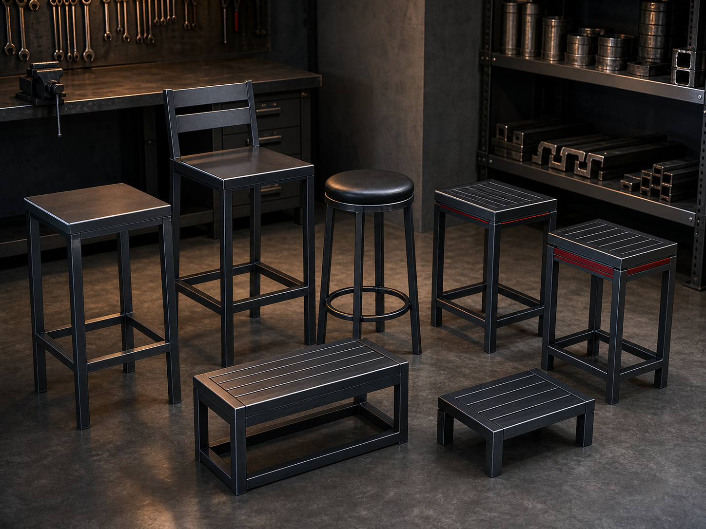 Custom fabricated steel stools and seating pieces